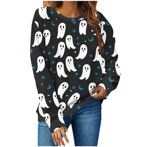 Moxiu Halloween Oversized Sweatshirts for Women Spooky Season Long Sleeve Graphic Crewneck Pullover Tops Cute Ghost Sweater Black,XL