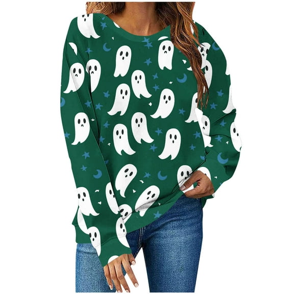 Moxiu Halloween Sweatshirts for Women 2025 Spooky Season Funny Long Sleeve Graphic Crewneck Pullover Tops Cute Ghost Sweater Green,M