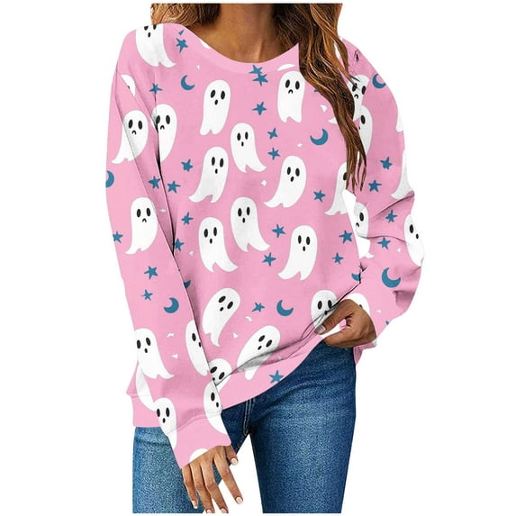 Moxiu Halloween Sweatshirts for Women Ghost Spooky Season Funny Long Sleeve Graphic Crewneck Pullover Tops Cute Holiday Sweater Pink,L