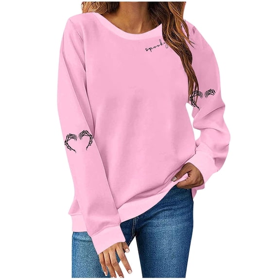 Moxiu Halloween Women's Pullover Spooky Season Ghost Pumpkin Graphic Sweatshirt Casual Long Sleeve Top Pink,XL