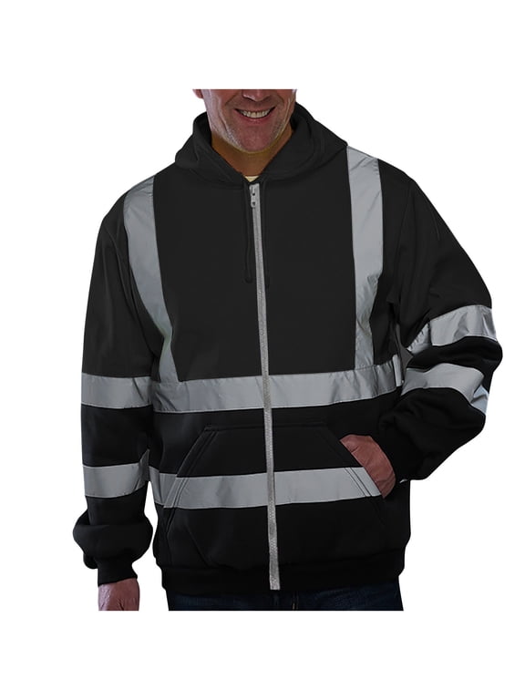 Hi Vis Jacket for Men 2025 Reflective Visibility Hooded Drawstring Sweatshirts Pullover Full Zip Up Flame Resistant Jackets with Pocket Black,XXXL