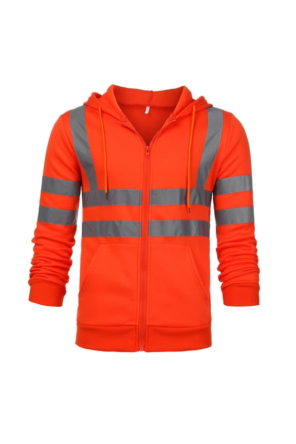 Hi Vis Jackets Men Fashion Reflective Visibility Hooded Drawstring Sweatshirts Pullover Full Zip Up Flame Resistant Jackets with Pocket 2025 Orange,M