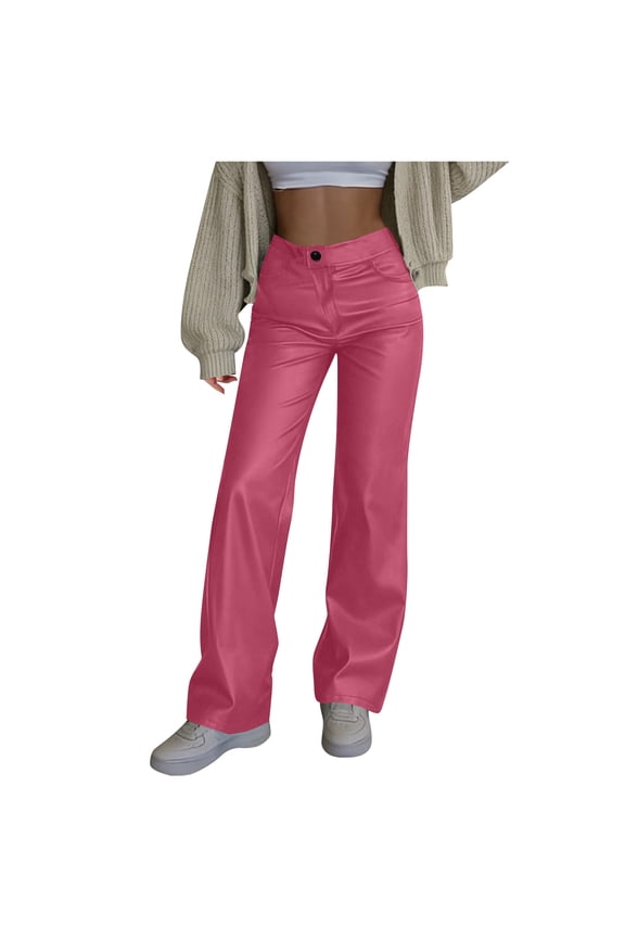 High Waisted Faux Leather Pants Women Button Elastic Loose Straight Leg Casual Trousers Hot Pink,M