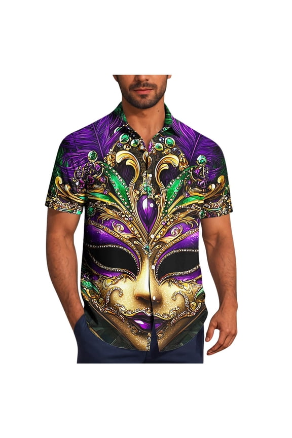 Holiday Festival Mardi Gras Shirts for Men New Orleans Carnival Themed Party Button Down Hawaiian Beach Short Sleeve Shirts