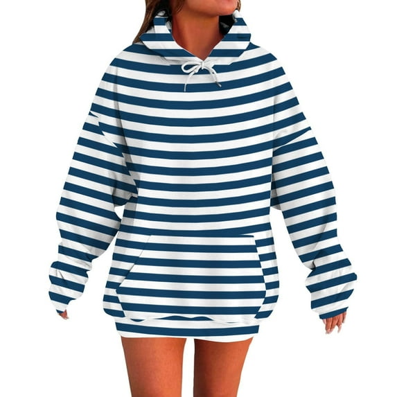 Moxiu Hoodies for Women Oversized Pullover Striped Print Hoodie Fall Winter Fleece Hooded Sweatshirts Tops with Pocket 2025 Blue,M