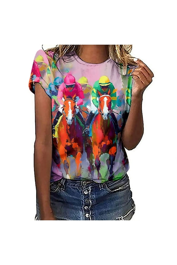 Horse Racing Shirts for Women Summer Casual Short Sleeve Tops Funny Graphic Tees Crewneck Loose Fit Tunic Blouses 2025 Pink,S
