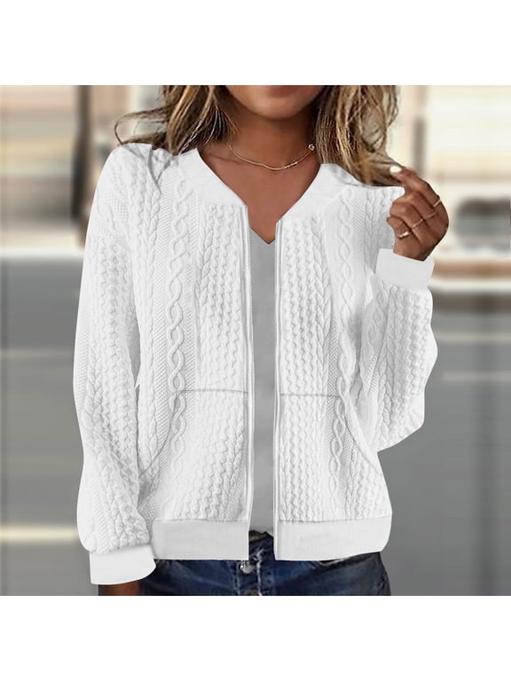 Jacket Sweaters for Women Sweatshirt Jacket Stand Collar Hoodless Outerwear Casual Cable Knit Open Front Cardigan Coat with Pockets 2025 White,XXL