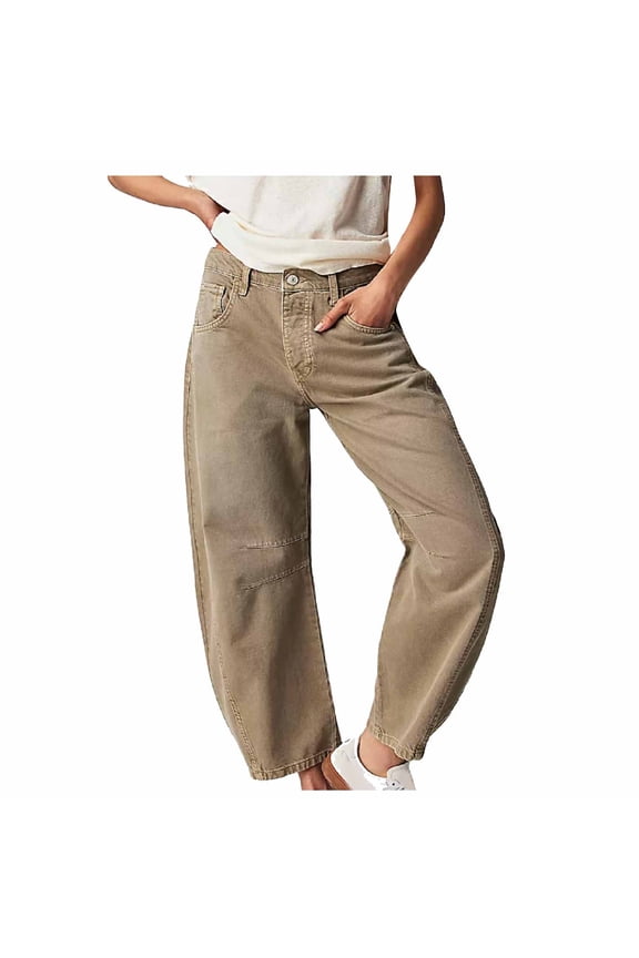 Jean Elastic Waist Pants Women Stretchy Mid Rise Barrel Denim Pant Vintage Loose Wide Leg Y2k Baggy Boyfriend Trousers with Pockets Khaki,L