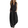 thumbnail image 1 of Moxiu Jumpsuits for Women Sleeveless Summer Buttons V Neck Long Rompers Cotton One Piece Baggy Wide Leg Overalls with Pockets Black,XL, 1 of 7