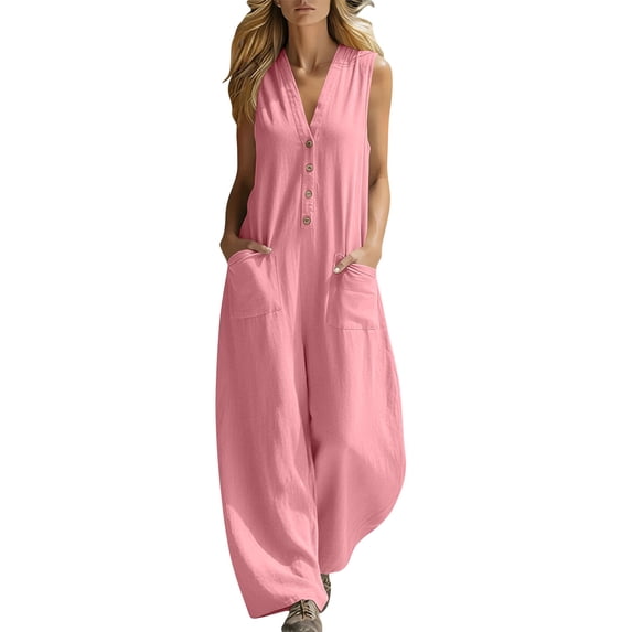 Moxiu Jumpsuits for Women Sleeveless Summer Buttons V Neck Long Rompers Cotton One Piece Baggy Wide Leg Overalls with Pockets Pink,XL