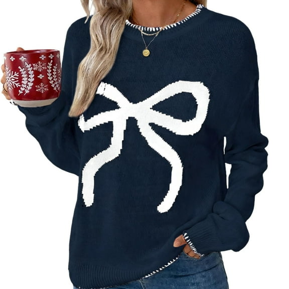 Moxiu Knitted Crew Neck Bow Sweater Women Y2K Cute Embroidery Long Sleeve Lightweight Casual Pullover Navy,L