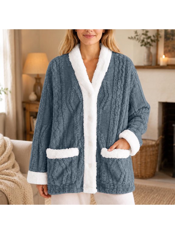 Ladies Bed Jacket Fluffy Tops Plush Button Down Pajama Shirts Fuzzy Fleece Home Jacket Warm Winter Coat with Pockets Green,L