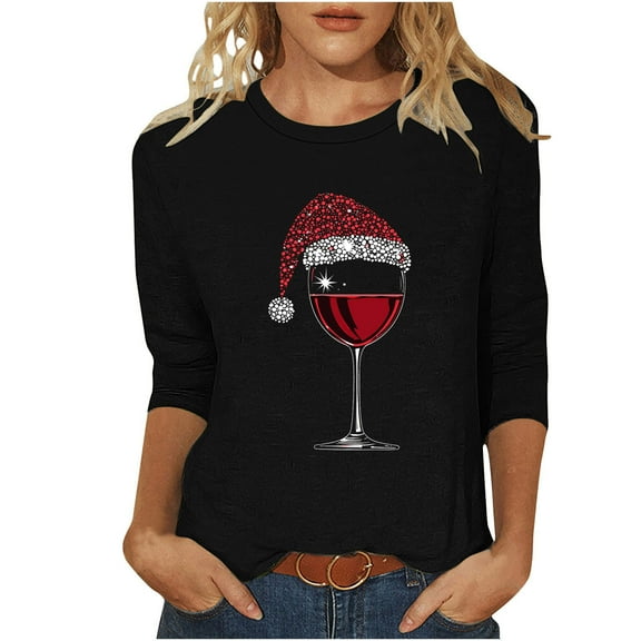 Moxiu Ladies Christmas Shirts Casual 3/4 Sleeve Crewneck Red Wine Glasses Graphic with Sparkly Rhinestones T-Shirt Tops Black,S
