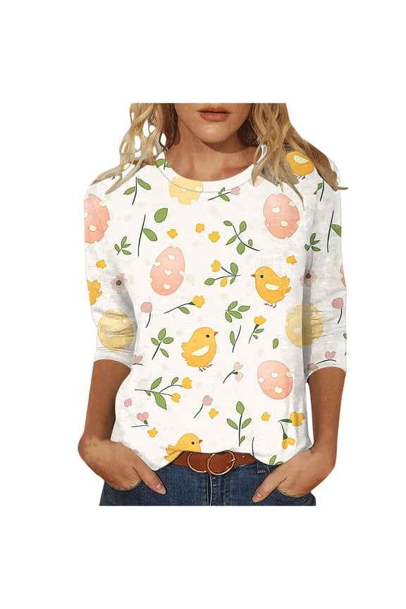 Ladies Easter Tops Easter Shirts for Women Spring 3/4 Sleeve Crewneck Cute Eggs Pattern Tee Tops Graphic Holiday Tunic Top 2025 Yellow,M