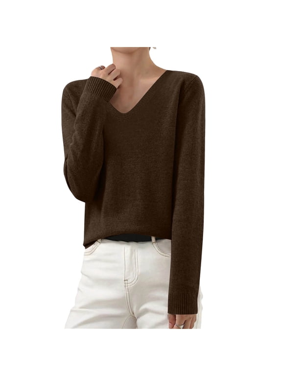 Ladies Sweaters for Women Wool Sweater Knit V Neck Long Sleeve Soft Pullover Sweater Tops Plain Solid Basic Layel Shirts 2026 Coffee,M