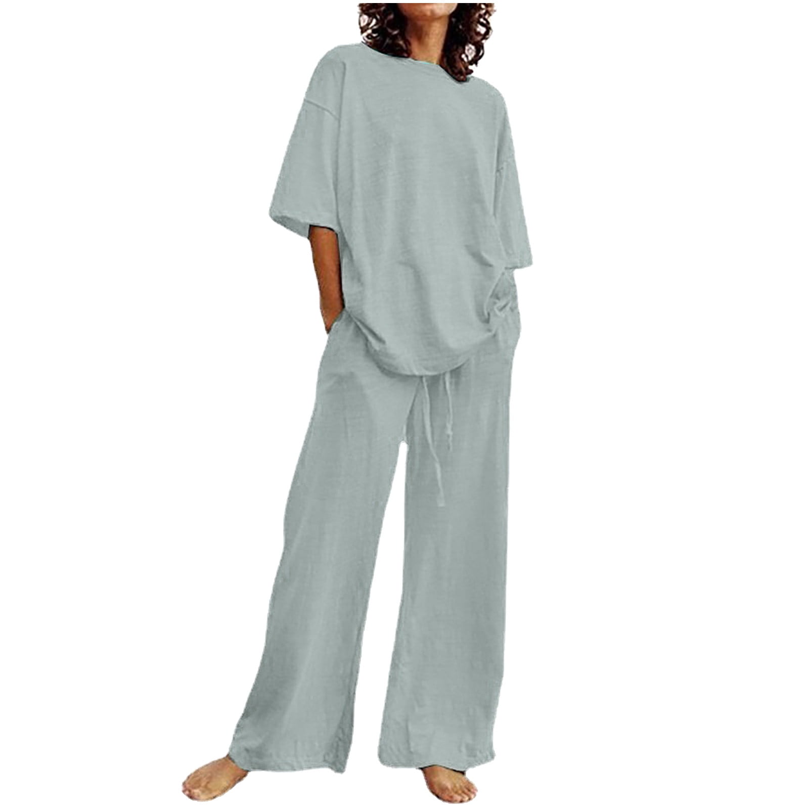 Button Down 2 Piece Linen Outfits for Women Shirts Casual