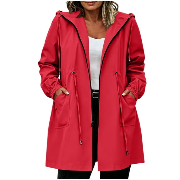 Moxiu Lightweight Rain Jacket Plus Size Women Long Raincoat Oversized Hooded Windbreaker Drawstring Waist Waterproof Jackets 2026 Red,XXXXL