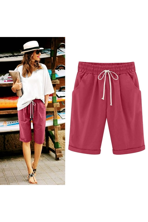 Linen Bermuda Shorts for Women Casual Summer,Elastic Drawstring Rolled Hem Bermuda Shorts Pocket Knee Length Bermuda Shorts with Drawstring