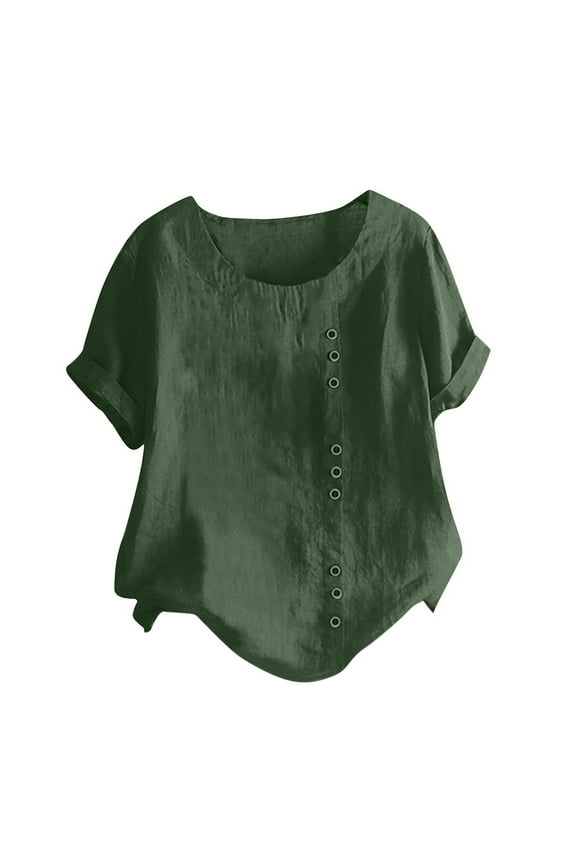 Linen Blouse Women 2025 Crewneck Roll Up Short Sleeve Tshirt Trendy Boho Floral Print Shirts Casual Loose Fitted Ladies Tunic Blouses Plus Size Army Green,M