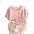 thumbnail image 1 of Moxiu Linen Blouses for Women Crew Neck Short Sleeve Tunic Tee Shirts Tops Loose Fit Plus Size Trendy Floral Print Boho Jacquard Camp Shirt Top 2025 Pink,XXL, 1 of 6