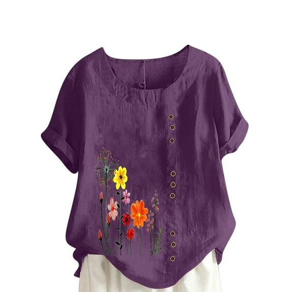 Moxiu Linen Blouses for Women Crew Neck Short Sleeve Tunic Tee Shirts Tops Loose Fit Plus Size Trendy Floral Print Boho Jacquard Camp Shirt Top 2025 Purple,L