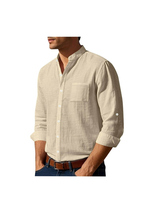 Linen Button Down Shirt Men Long Sleeve Beach Band Collar Casual Summer Shirts Lightweight Vacation Daily Shirts 2025 Khaki,S