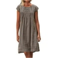 thumbnail image 1 of Moxiu Linen Dress for Women Pleated Summer Dresses Round Neck Short Sleeve Sundress Comfy Beach Vacation Casual Mini Dress 2025 Plus Size Coffee,XXXXL, 1 of 8