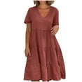 thumbnail image 1 of Moxiu Linen Dresses for Women 2025 Plus Size Short Sleeve V Neck Tiered Maxi Dress Loose Comfy Summer Vacation Beach Dress Coffee,XL, 1 of 7
