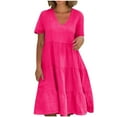 thumbnail image 1 of Moxiu Linen Dresses for Women 2025 Plus Size Short Sleeve V Neck Tiered Maxi Dress Loose Comfy Summer Vacation Beach Dress Red,XXXL, 1 of 7