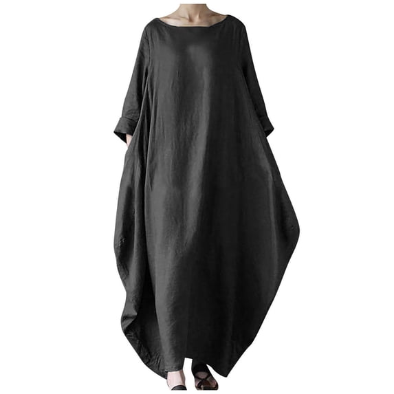 Moxiu Linen Dresses for Women Casual 3/4 Sleeve V Neck Mini Dresses Loose Knee-Length A-line Dress Beach Dress with Pocket Black,XXL