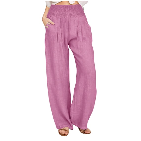 Moxiu Linen Pants Drawstring Women Summer Cotton Linen Pants High Waist Wide Leg Loose Palazzo Pants Casual Beach Pants Loose Fit with Pockets 2025 Pink,XL