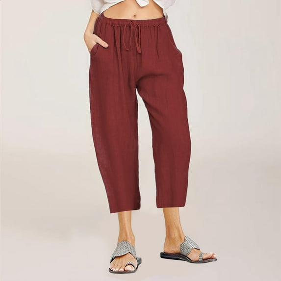 Moxiu Linen Pants for Women High Waist Womens Linen Pants Wide Leg,Women Casual Solid Cotton Linen Drawstring Elastic Waist Wide Leg Pants Cropped Trousers