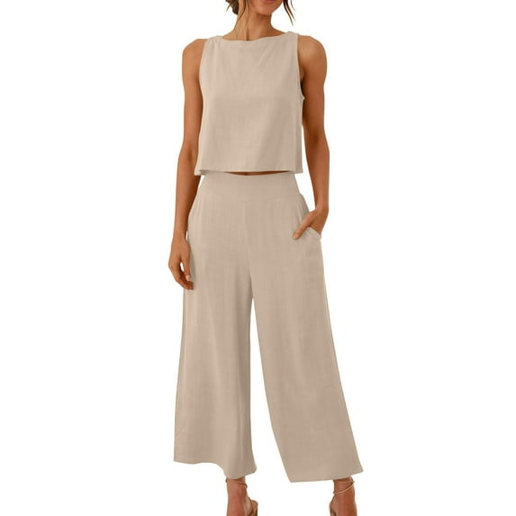 Moxiu Linen Sets for Women 2 Piece Plus Size Lounge Set Summer Outfits 2025 Dressy Sleeveless Crop Top Wide Leg Capri Pants with Pocket Beige,M