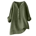 thumbnail image 1 of Moxiu Linen Shirts for Women 2025 Spring Summer Plus Size Roll up Long Sleeve Tops Button Down V Neck Dressy Casual Loose Comfy Work Gauze Blouses Army Green,XXL, 1 of 6