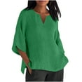 thumbnail image 1 of Moxiu Linen Shirts for Women Loose Fit 3/4 Length Sleeve V Neck Summer Tunic Tops 2025 Side Split Dressy Tees Shirts Plus Size Lightweight Gauze Blouses Green,XXXL, 1 of 5
