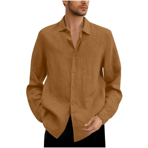 Moxiu Linen Shirts for Men Long Sleeve Button Down Beach Band Collar Casual Summer Shirts Lightweight Vacation Daily Shirts 2025 Khaki,XXXXXL