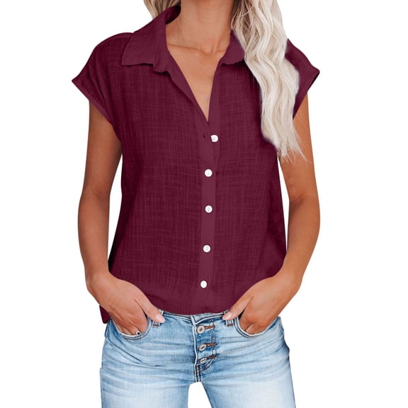 Moxiu Linen Shirts for Women Button down Short Cap Sleeve Blouse Loose Comfy Fitted V Neck Collared Causal Basic Shirts for Work 2025 Wine,XL