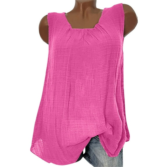 Moxiu Linen Tank Tops Women Long Flowy Summer Top Cute Pleated Crewneck Tunic Basic Casual Gauze Shirts Beach Blouse Hot Pink,L