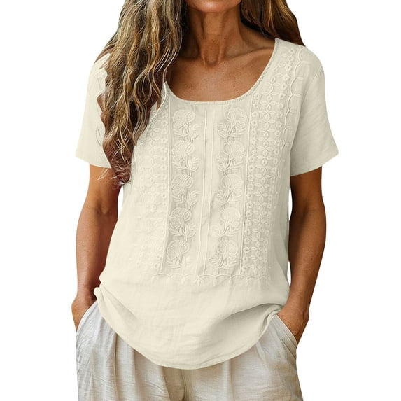 Moxiu Linen Tops for Women Trendy Casual Short Sleeve Embroidered Summer T-Shirts Crewneck Boho Dressy Peasant Tunic Blouses Beige,XXL