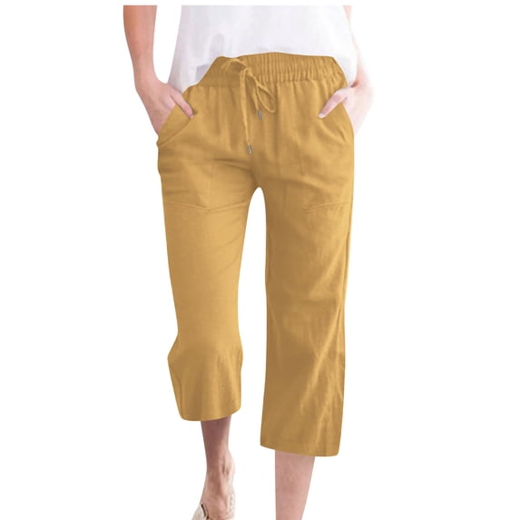 Moxiu Linen Womens Pants Loose Wide Leg Beach Capri Pants with Pockets Summer Drawstring Lounge Cropped Trousers Plus Size Yellow,XXL