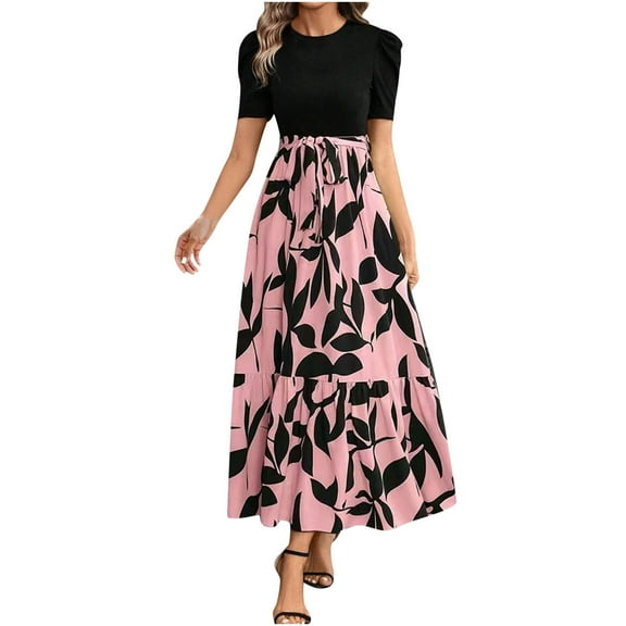 Moxiu Long Floral Dresses for Women 2025 Elegant Boho Tie Belted Patchwork Empire Waist Short Sleeve Modest Flowy Ruffle Hem Maxi Dress Pink,S