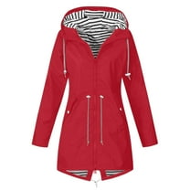 Moxiu Long Raincoat for Women,Rain Jacket Womens Waterproof with Hood Long Trench Coats Striped Lined Lightweight Outdoor Windbreaker Raincoat Red,L