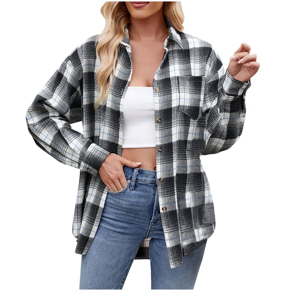 Moxiu Long Sleeve Plaid Shirt Women Oversized Flannel Shirt Plaid Button Buffalo Shirt Blouse Tops with Pocket 2025 Dark Gray,XXL