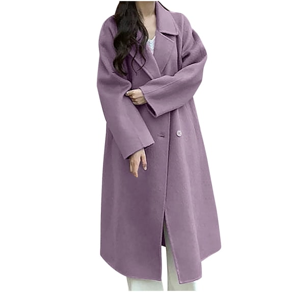 Moxiu Long Womens Peacoat Woolen Trench Coat Dressy Oversized Notched Lapel Winter Long Wool Blend Pea Coats Purple,L