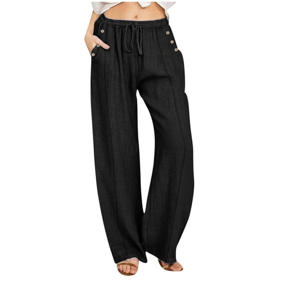 Moxiu Loose Linen Pants Women Casual Linen Palazzo Pants Comfy High Waisted Drawstring Summer Beach Yoga Lounge Pants with Pocket 2025 Black,M