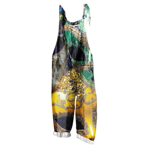 Moxiu Mardi Gras Jumpsuit Outfit for Women Wide Leg Patchwork Graphic Overalls Plus Size Adjustable Strappy Loose Fit Rompers 2025 Multicolor,M