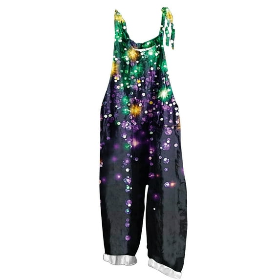 Moxiu Mardi Gras Jumpsuit Women Wide Leg Patchwork Sequin Graphic Overalls Plus Size Adjustable Strappy Loose Fit Rompers 2025 Multicolor,L