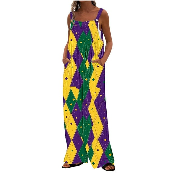 Moxiu Mardi Gras Jumpsuit for Women Sequin Printed Wide Leg Jumpsuit Overalls Dressy Adjustable Strappy Rompers with Pockets 2025 Multicolor,XXL