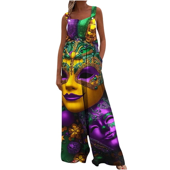 Moxiu Mardi Gras Overalls for Women Holiday Jumpsuits Dressy Casual Carnival Graphic Overalls Loose Wide Leg Rompers with Pockets 2025 Multicolor,M