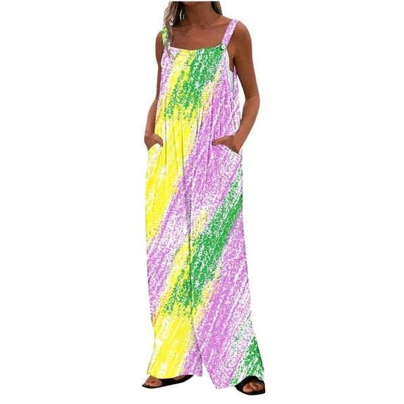 Moxiu Mardi Gras Overalls for Women Sequin Printed Wide Leg Jumpsuit Overalls Dressy Adjustable Strappy Rompers with Pockets 2025 Multicolor,XXL